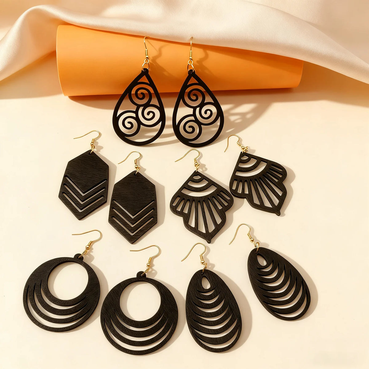 Black Geometric Hollow Wooden Earrings — 5 Pairs Boho Retro Drop Set for Women