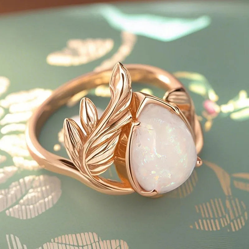 Opal-Look Teardrop Leaf Ring | Gold-Tone Boho