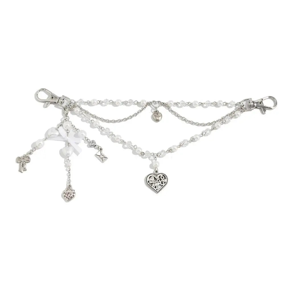 Gothic Multi-Layer Chain Bag Charm – Heart, Bow & Tassel Alloy Pendant with Lobster Clasp
