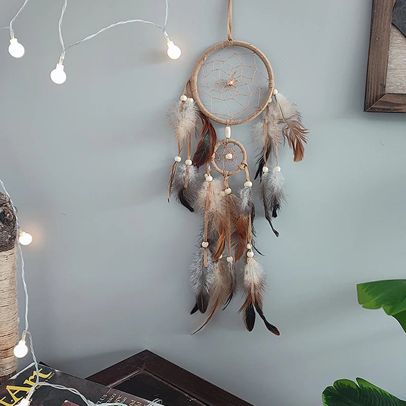 Boho Feather Dream Catcher – Handwoven Double-Ring Wall Hanging | Earth Tones