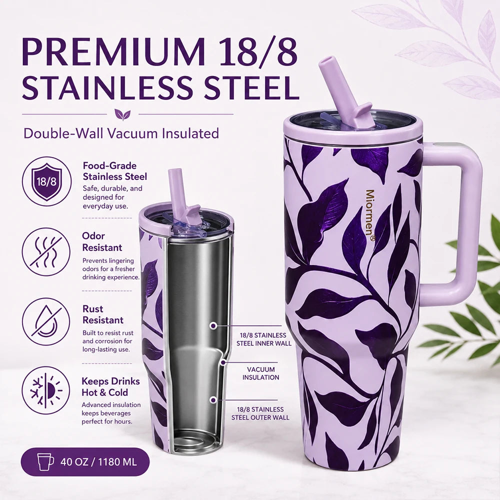 Purple Floral 40 oz Insulated Tumbler with Handle & Straw
