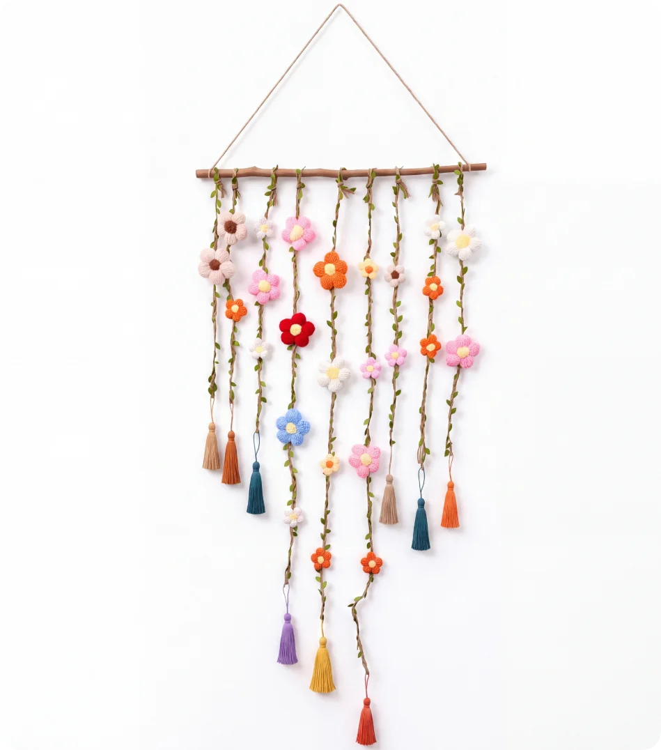 Boho Handmade Cotton Floral Crochet Vine Wall Hanging | Macrame Decor for Indoor & Porch