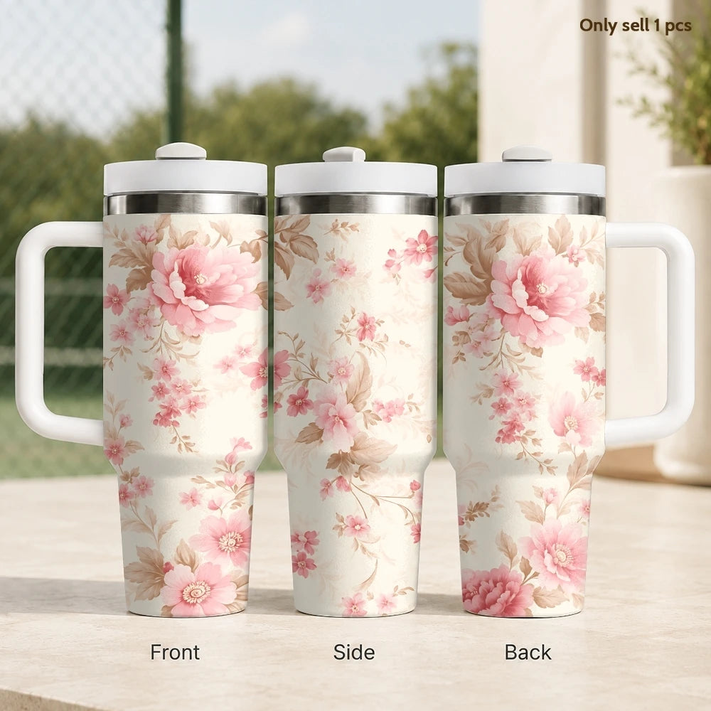40oz Floral Art Insulated Tumbler | Leak-Proof Travel Mug with Handle & Straw
