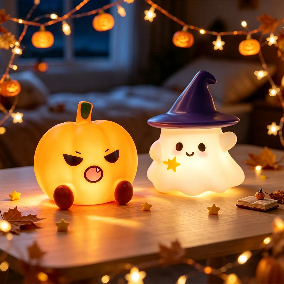 Halloween Silicone LED Night Light — Ghost, Witch Hat & Pumpkin Desktop Lamp