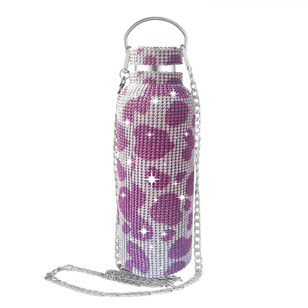 Shiny Glitter & Leopard Print Tumbler | Insulated Stainless Steel Cup with Chain