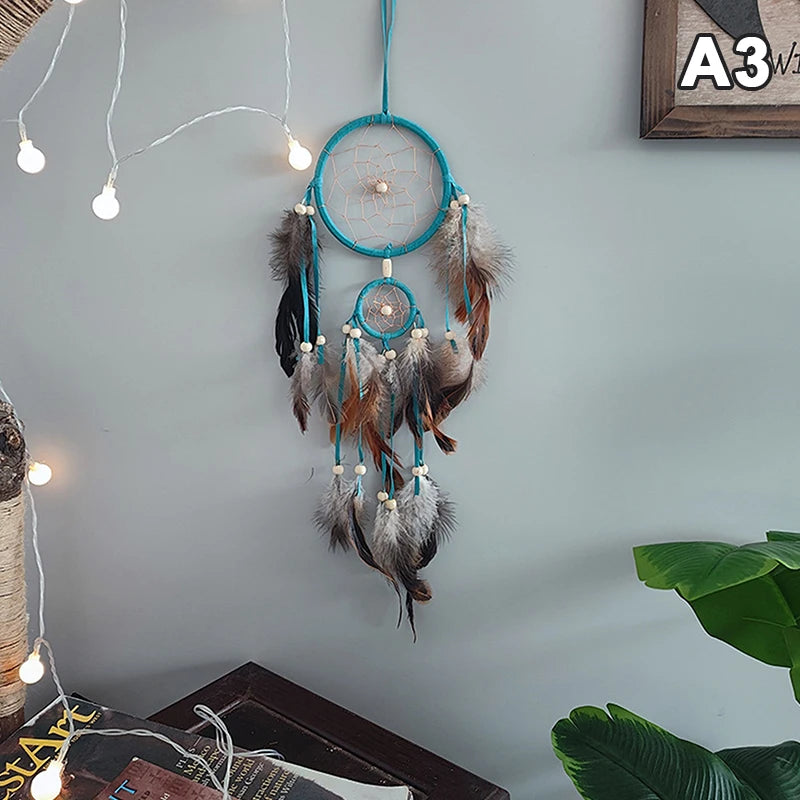 Boho Feather Dream Catcher – Handwoven Double-Ring Wall Hanging | Earth Tones
