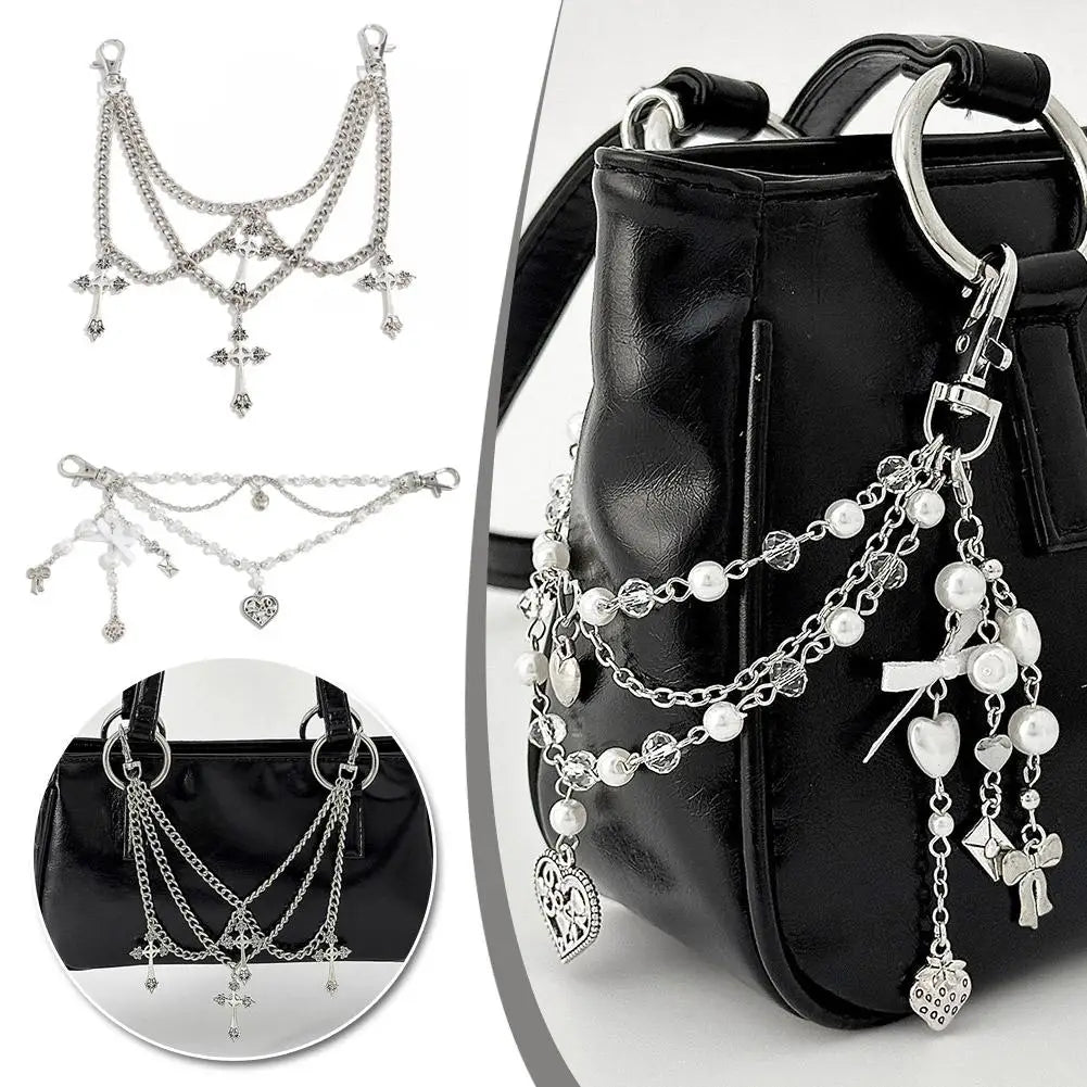 Gothic Multi-Layer Chain Bag Charm – Heart, Bow & Tassel Alloy Pendant with Lobster Clasp