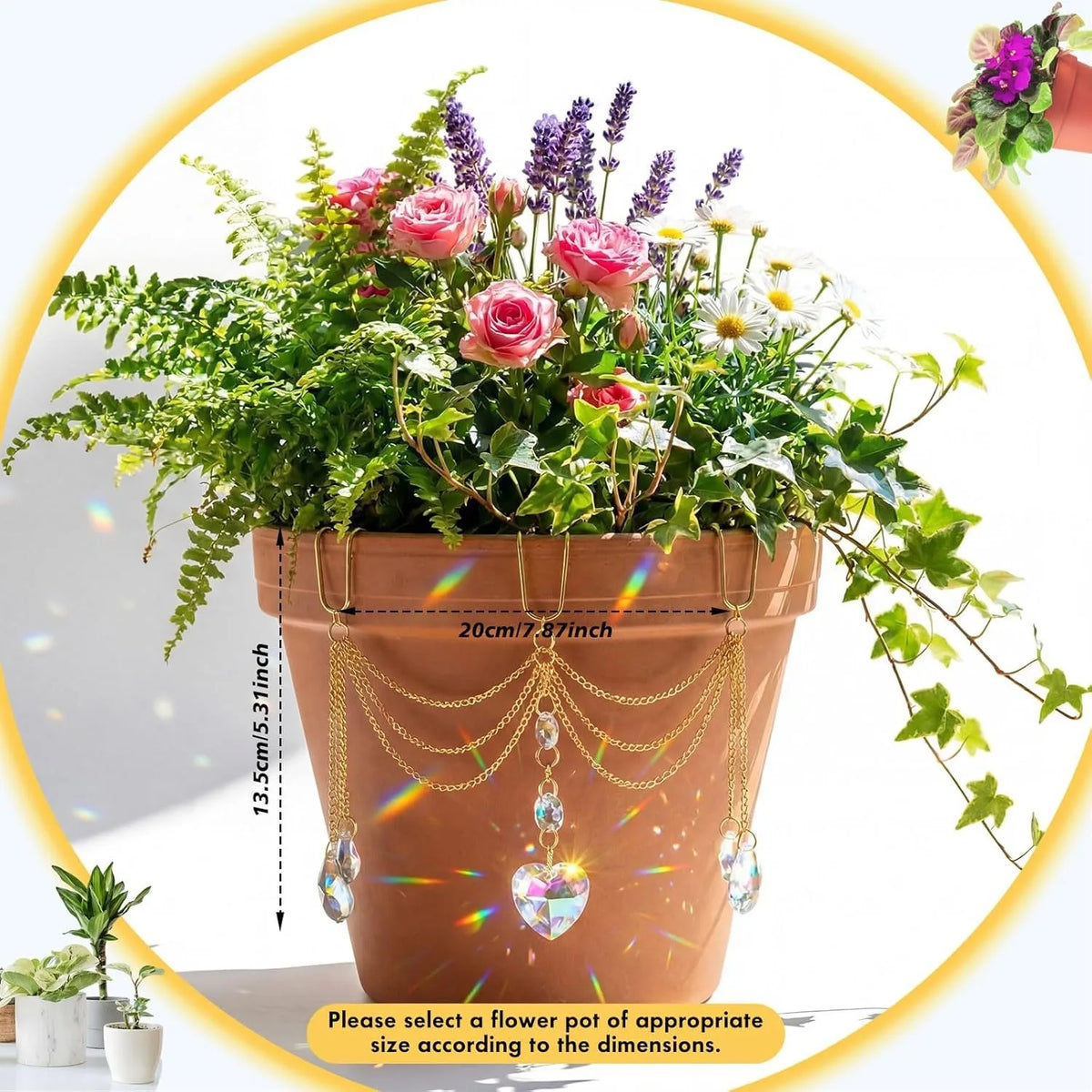 Crystal Heart Flower Pot Hanging Ornament | Boho Aurora Prism Plant Accessory