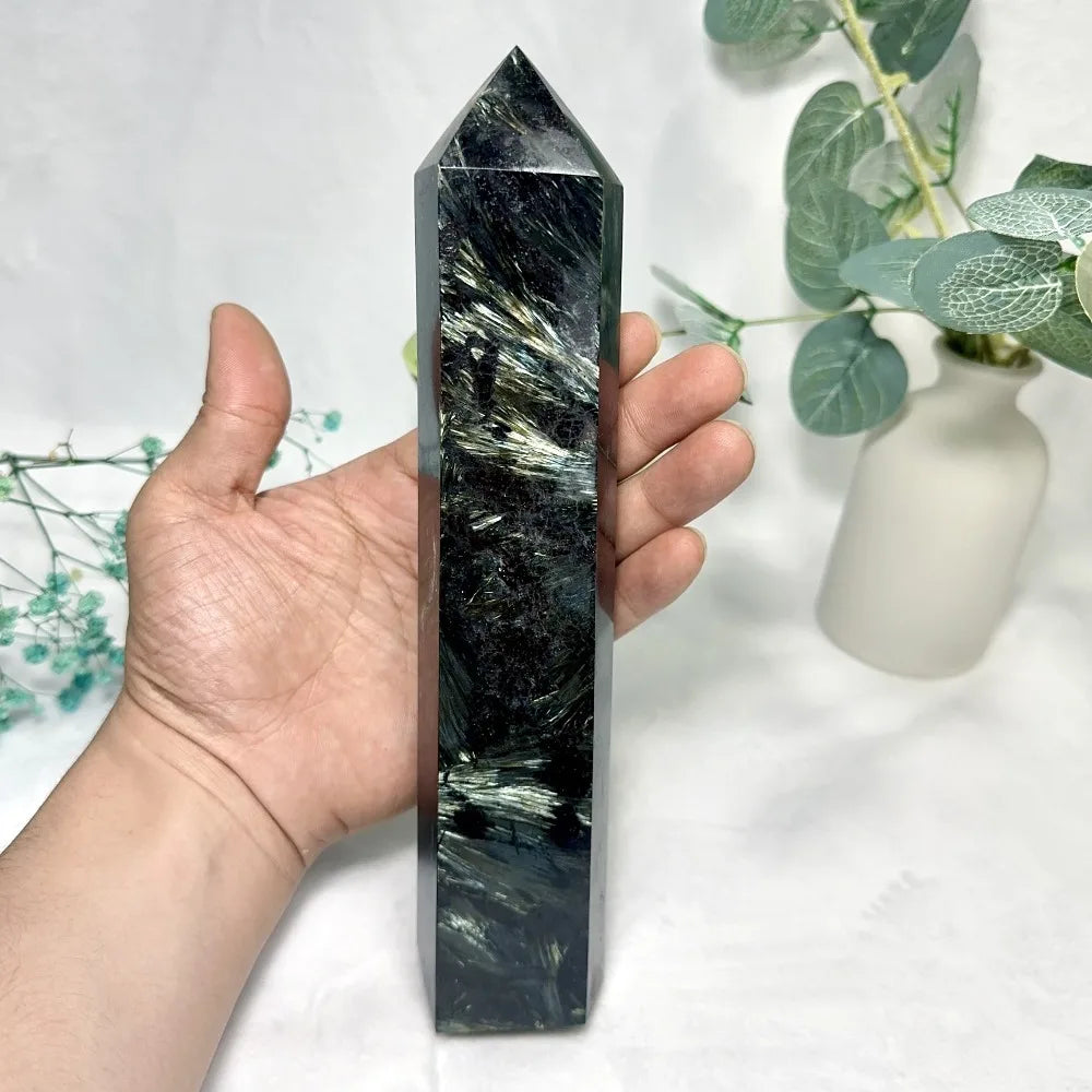 Natural Astrophyllite & Arfvedsonite Crystal Tower — Flashy Metaphysical Stone Obelisk