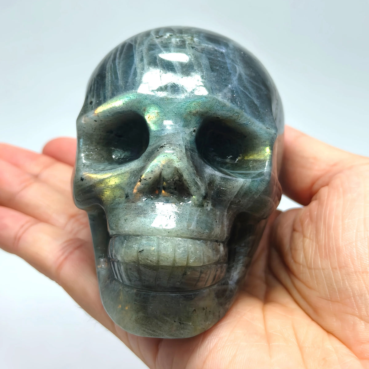 Flash Labradorite Crystal Skull | Carved Healing Stone | Halloween & Meditation Decor