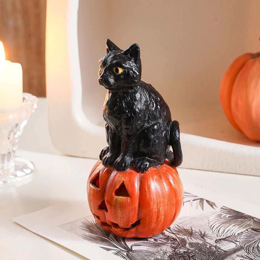 Black Cat Pumpkin Figurine | Halloween Resin Decor Ornament