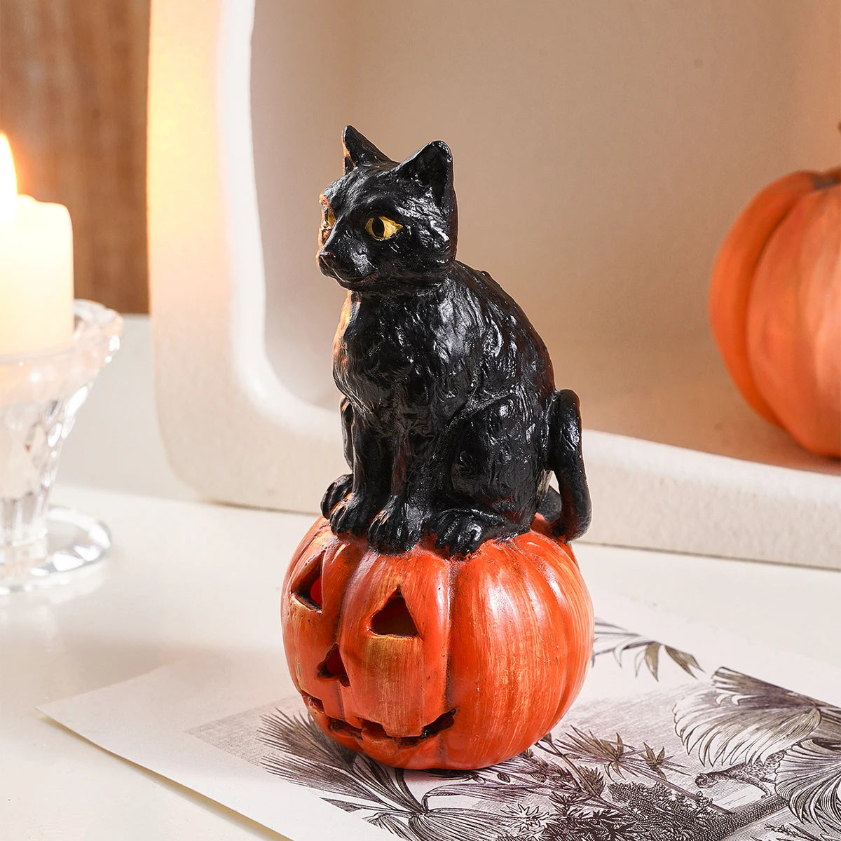 Black Cat Pumpkin Figurine | Halloween Resin Decor Ornament