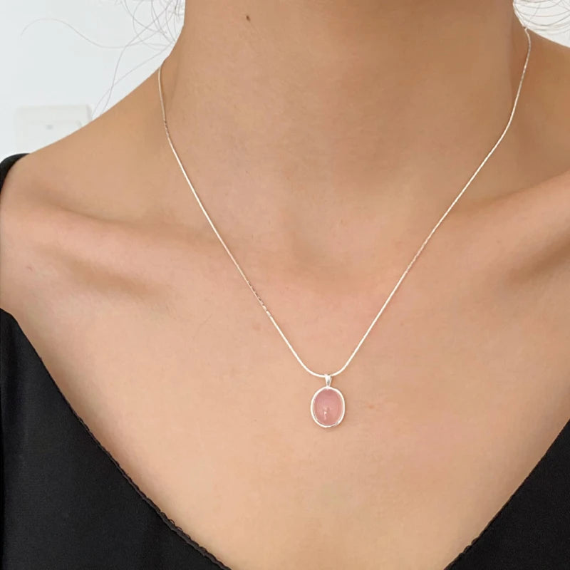 Pink Crystal Zircon Pendant Necklace | 925 Sterling Silver | Oval Collarbone Chain