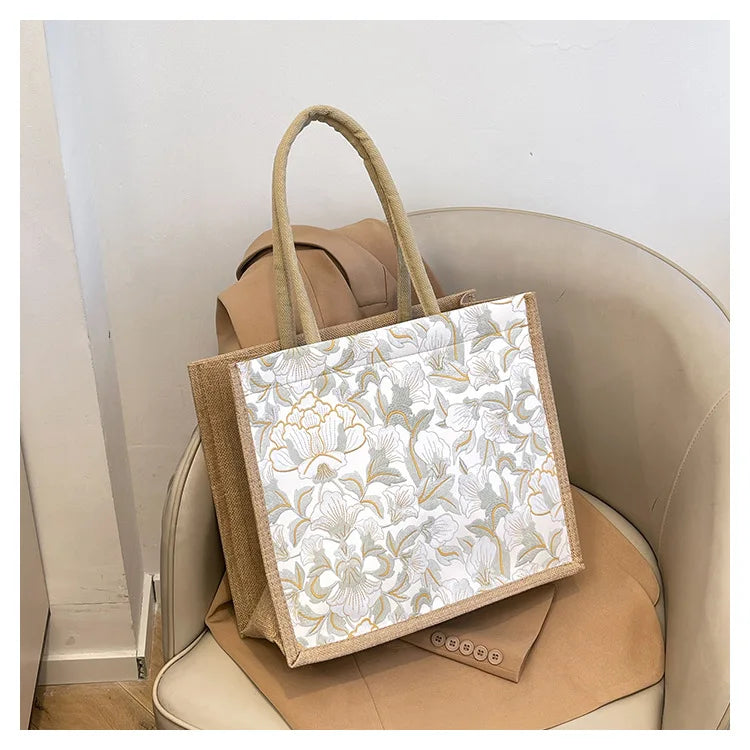 Floral Linen Tote Bag | Boho Bento Shoulder Bag for Women