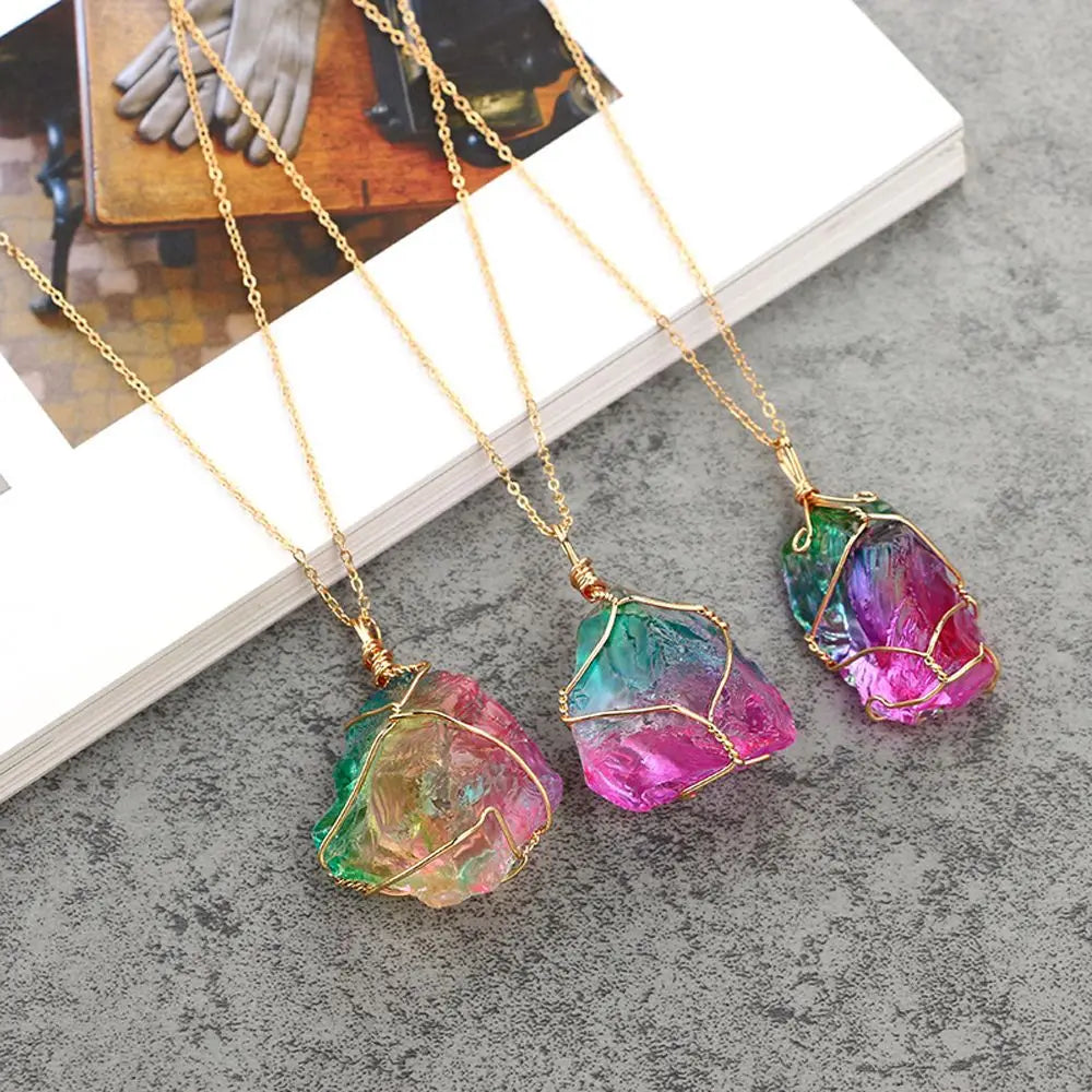 Natural Rainbow Stone Necklace — Wire-Wrapped Crystal Pendant Chakra Choker for Women