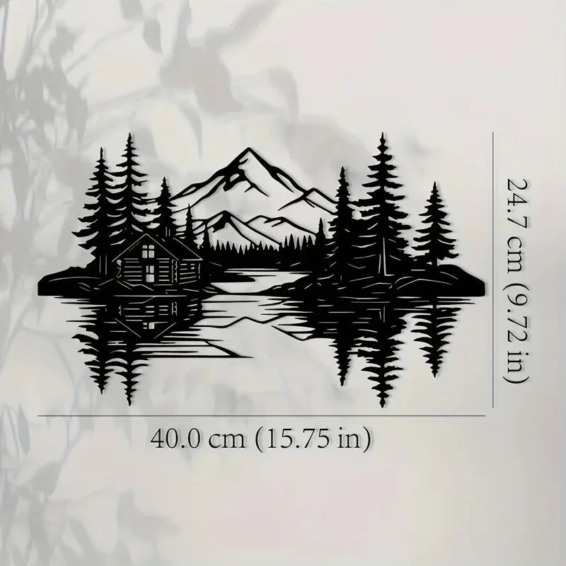 Lakeside Cabin & Mountain Metal Wall Art