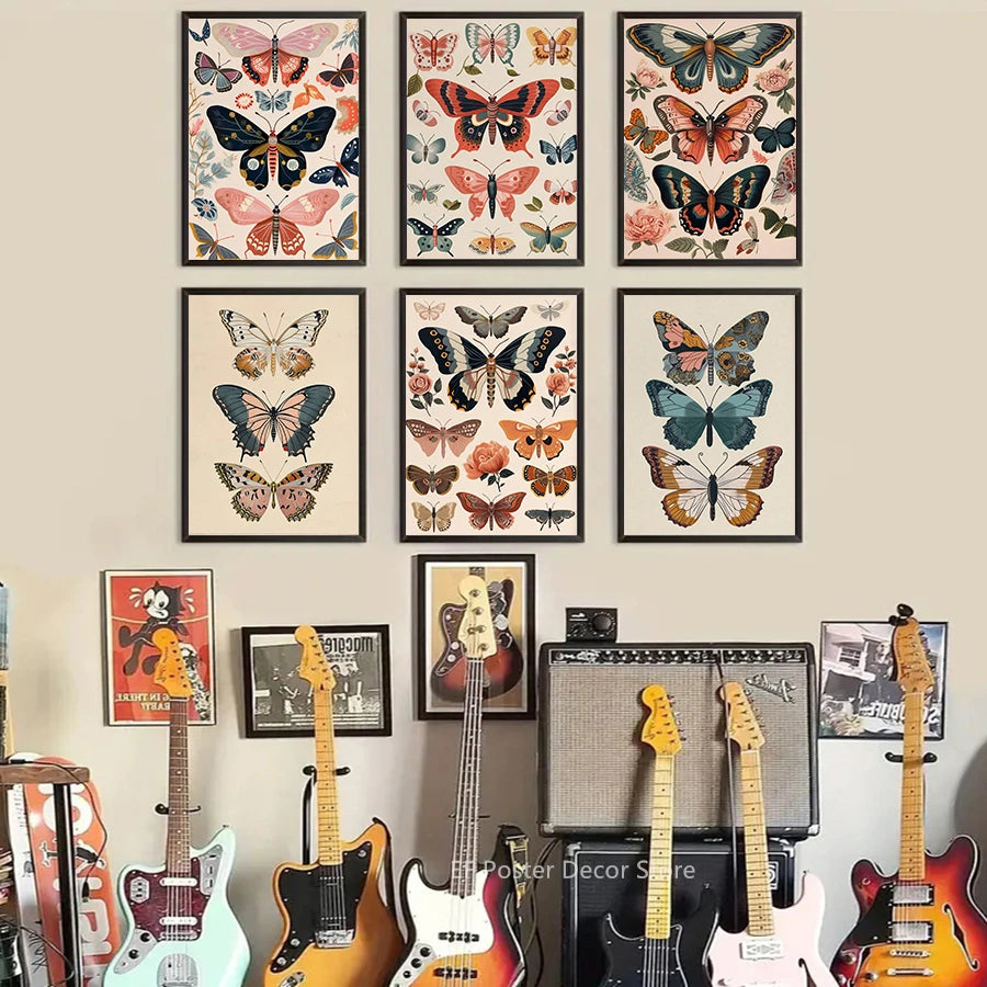 Boho Butterfly & Floral Aesthetic Poster Print | Vintage Wall Art for Living Room, Bedroom & Home Decor