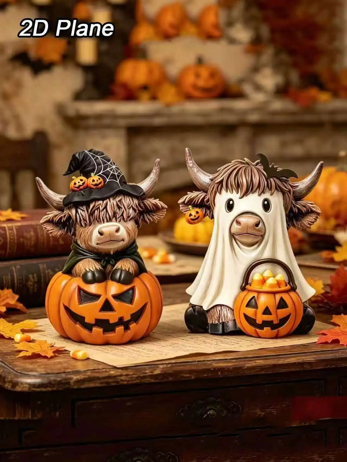 Halloween Highland Cow Wooden Statue Set | Skull Hat Tabletop Decor | Multiple Colors