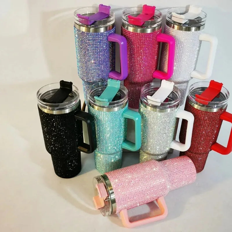 40oz Rhinestone Diamond Tumbler | Shiny Glitter Travel Cup with Straw