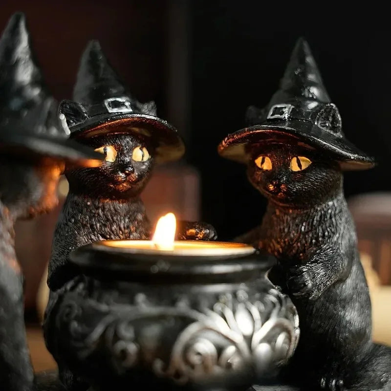 Black Witch Cat Cauldron Tealight Holder | Halloween Familiar Resin Candle Holder