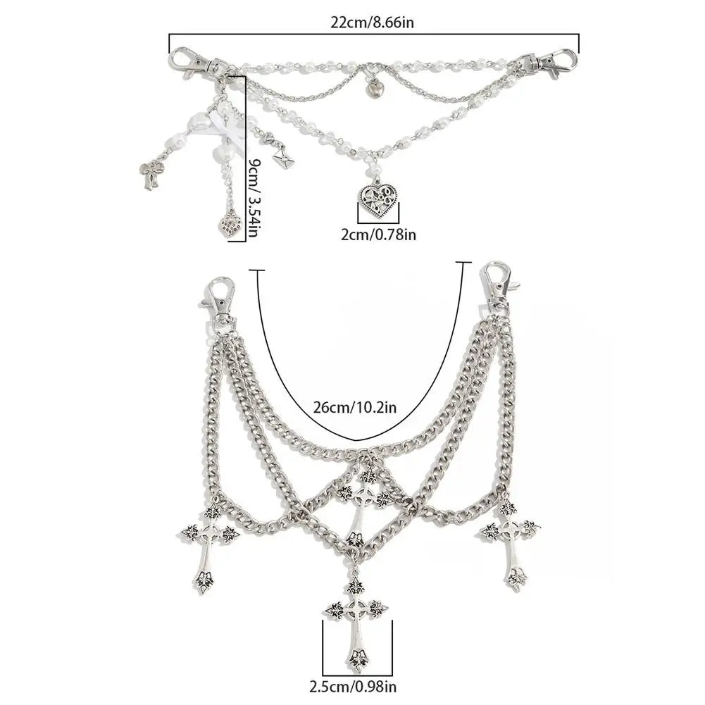 Gothic Multi-Layer Chain Bag Charm – Heart, Bow & Tassel Alloy Pendant with Lobster Clasp
