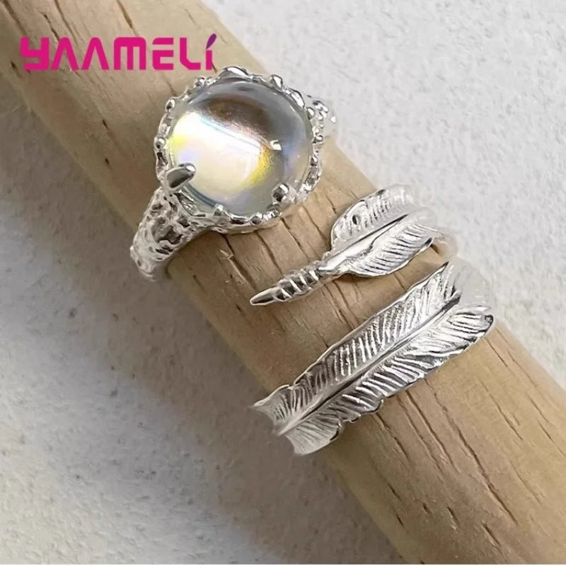 Moonstone Open Ring | 925 Sterling Silver | Resizable | Moonstone, Leaf & Set Options