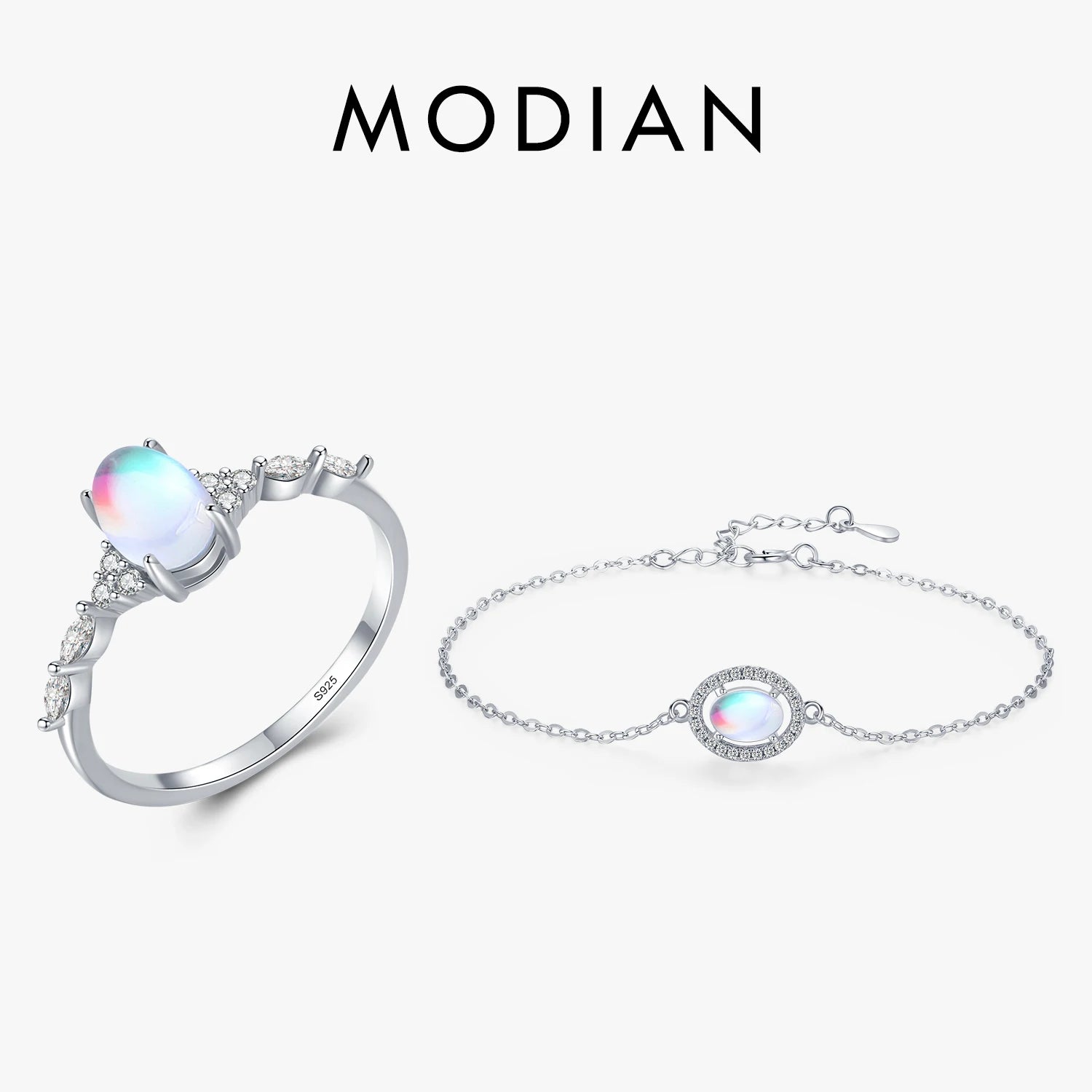 Natural Moonstone Jewelry Set | 925 Sterling Silver | Oval Ring & Charm Bracelet