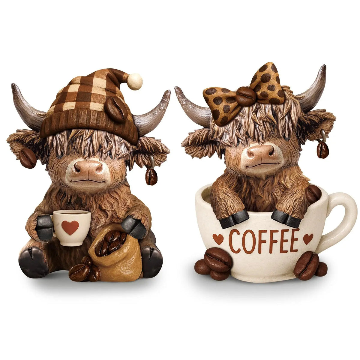 Halloween Highland Cow Wooden Statue Set | Skull Hat Tabletop Decor | Multiple Colors