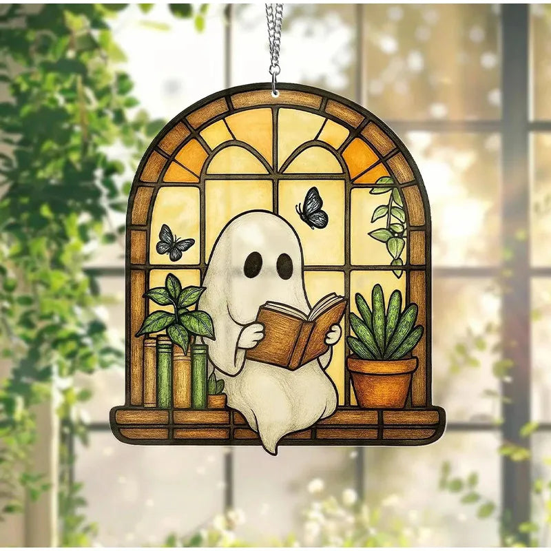 Halloween Ghost Reading Book Window Ornament | Colorful Acrylic Suncatcher
