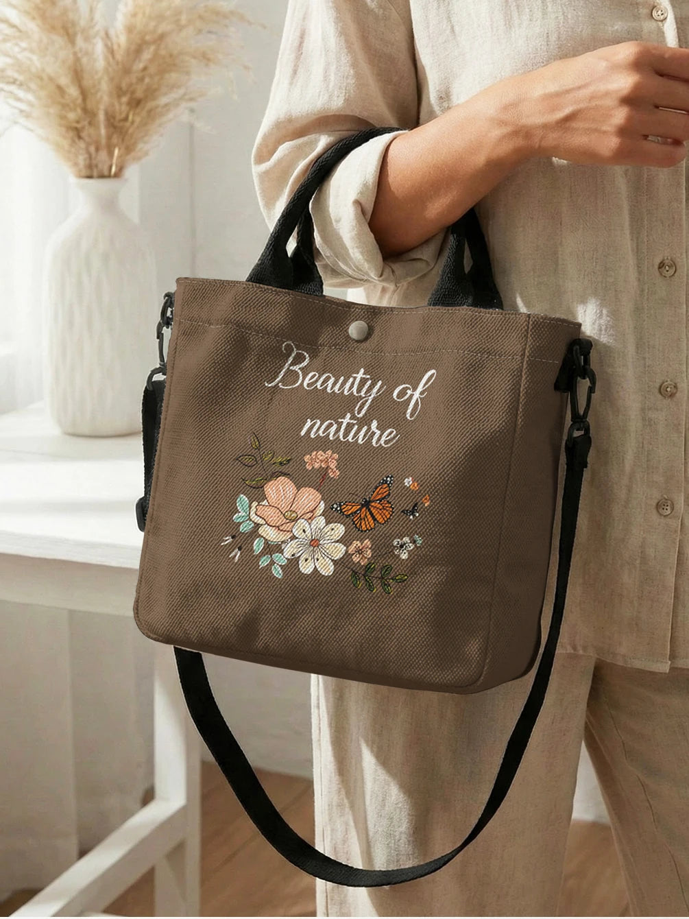 Floral Butterfly Tote Bag with Detachable Crossbody Strap