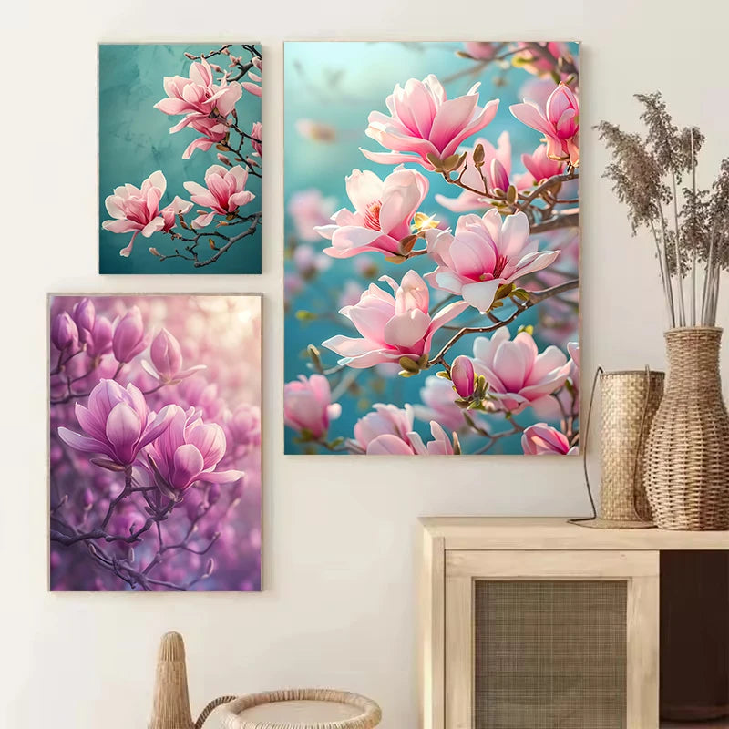 Pink Magnolia Floral Canvas Wall Art | Modern Botanical Home Decor Print