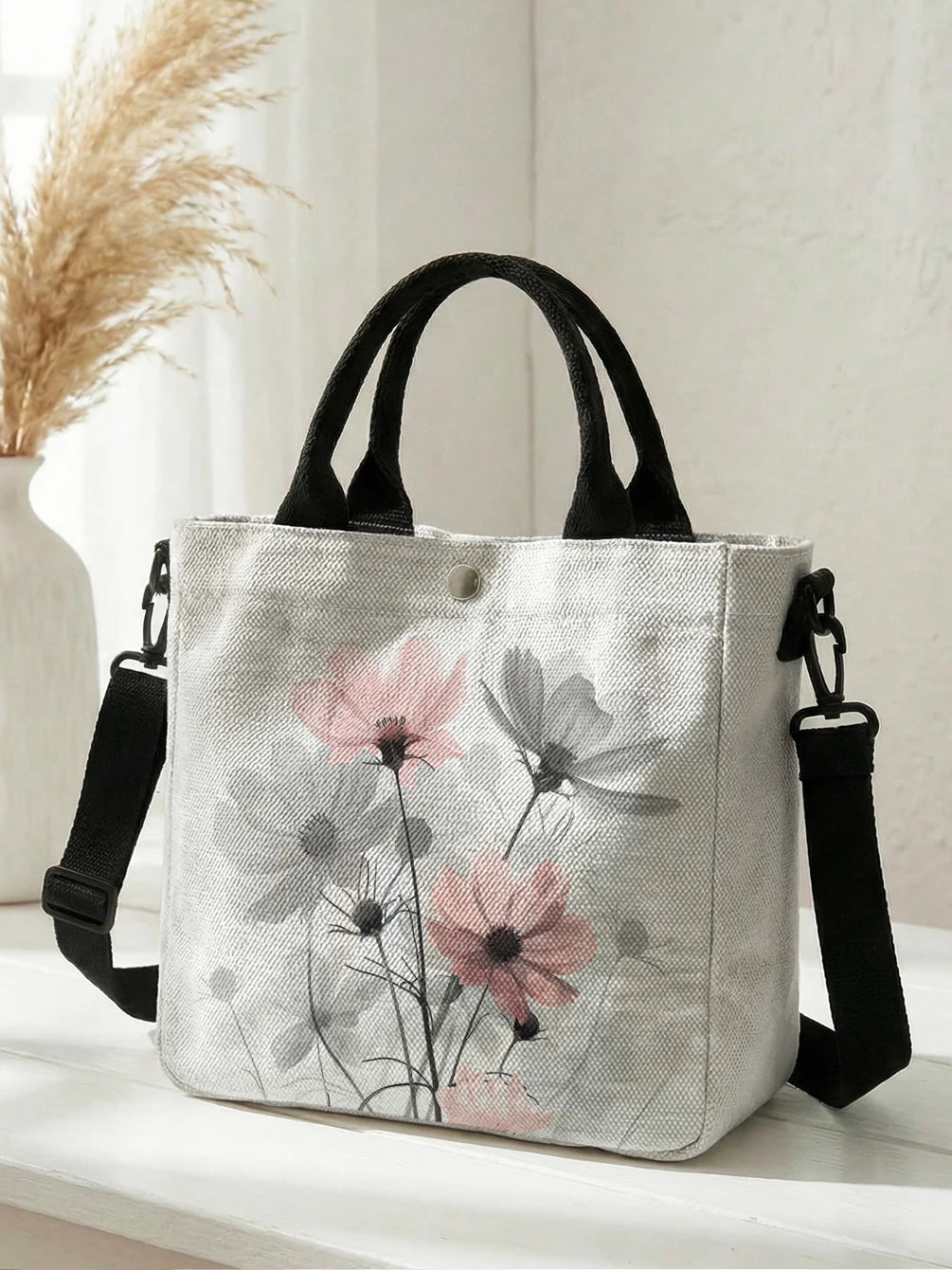 Pink & Gray Cosmos Floral Tote Bag with Crossbody Strap