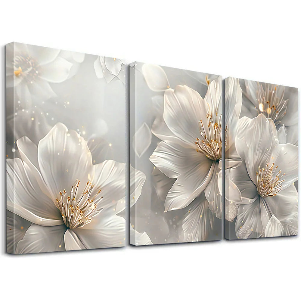 White Flower Canvas Wall Art — Set of 3 Abstract Floral Prints