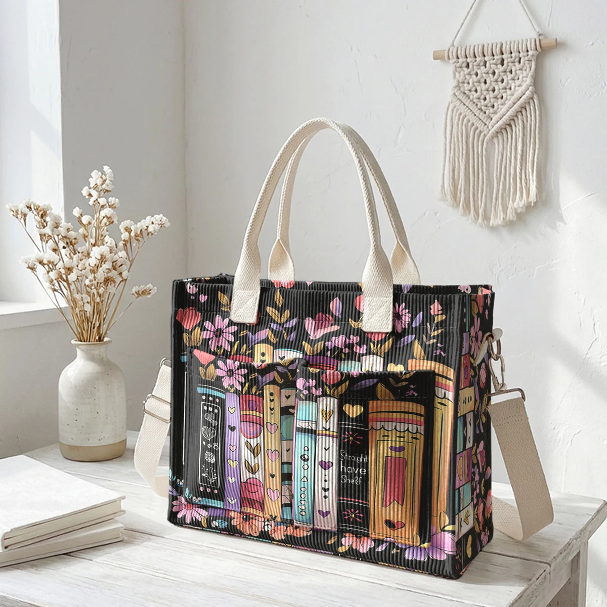 Books & Flowers Corduroy Tote Bag | Choose Your Color