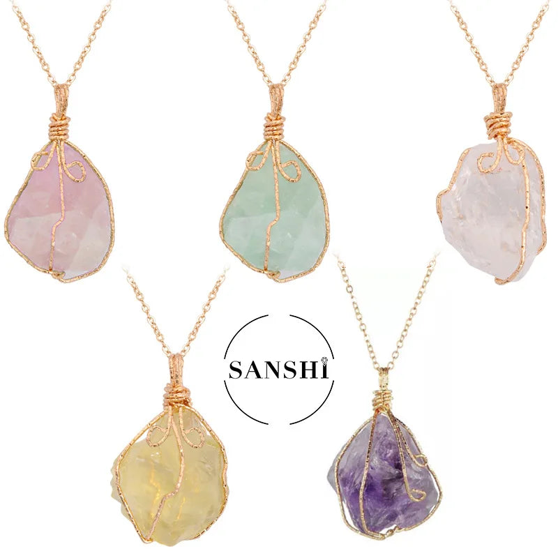 Natural Stone Crystal Pendant Necklace — Twisted Wire Wrap in Gold or Silver Tone