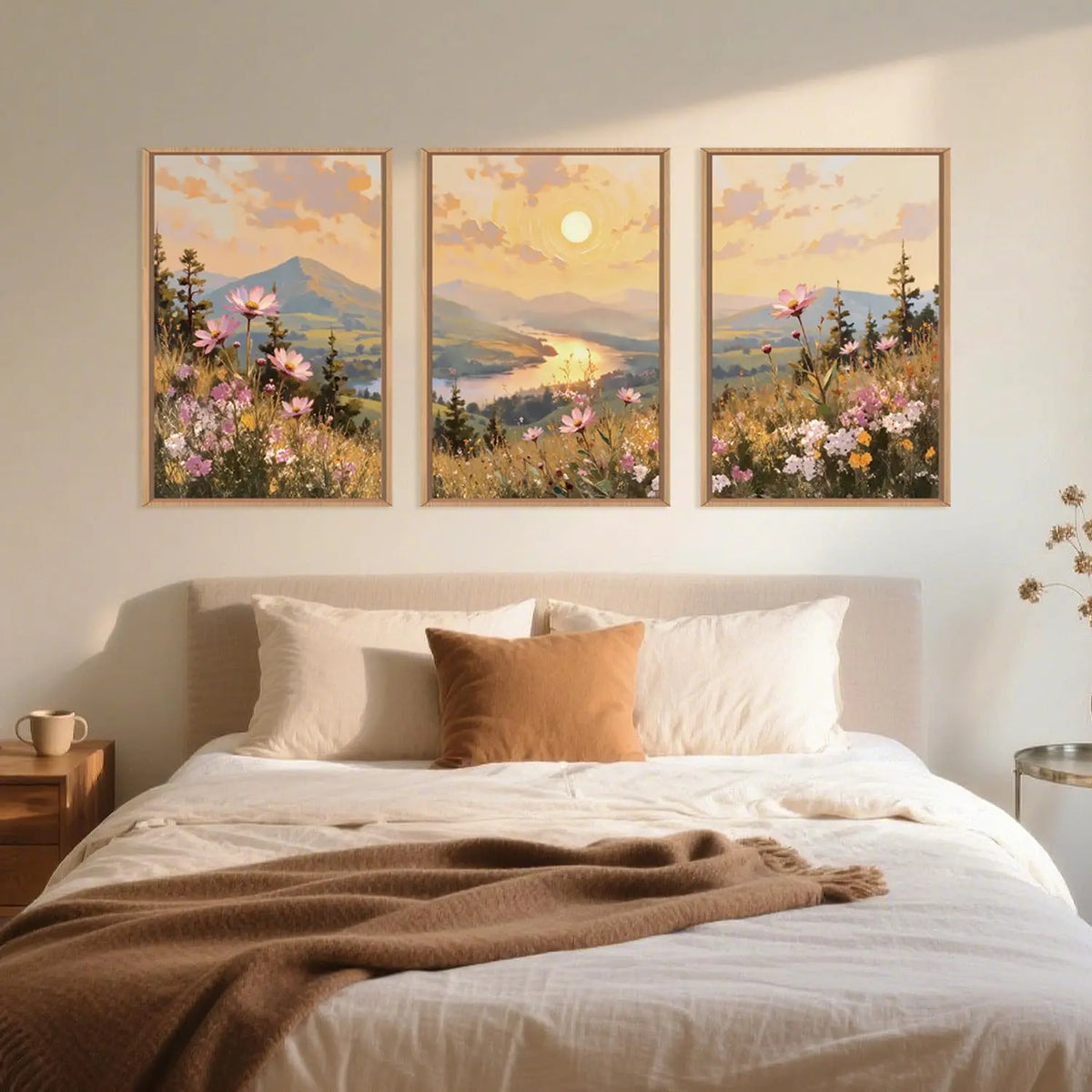 3-Piece Bohemian Sunset Wildflower Canvas Wall Art | Pink Floral Boho Home Decor