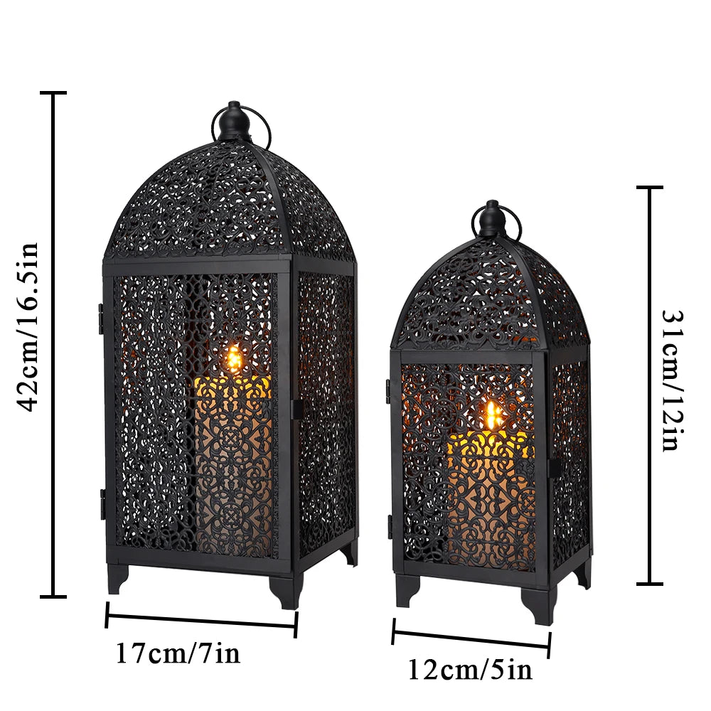 Black Metal Candle Lantern Set | Vintage Boho Candle Holders (Set of 2)
