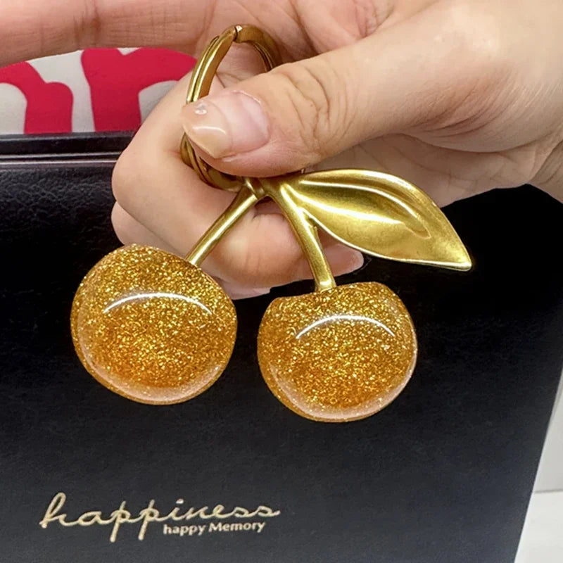 Gold Cherry Bag Charm Keychain | Sparkling Pendant Decoration for Handbags & Totes