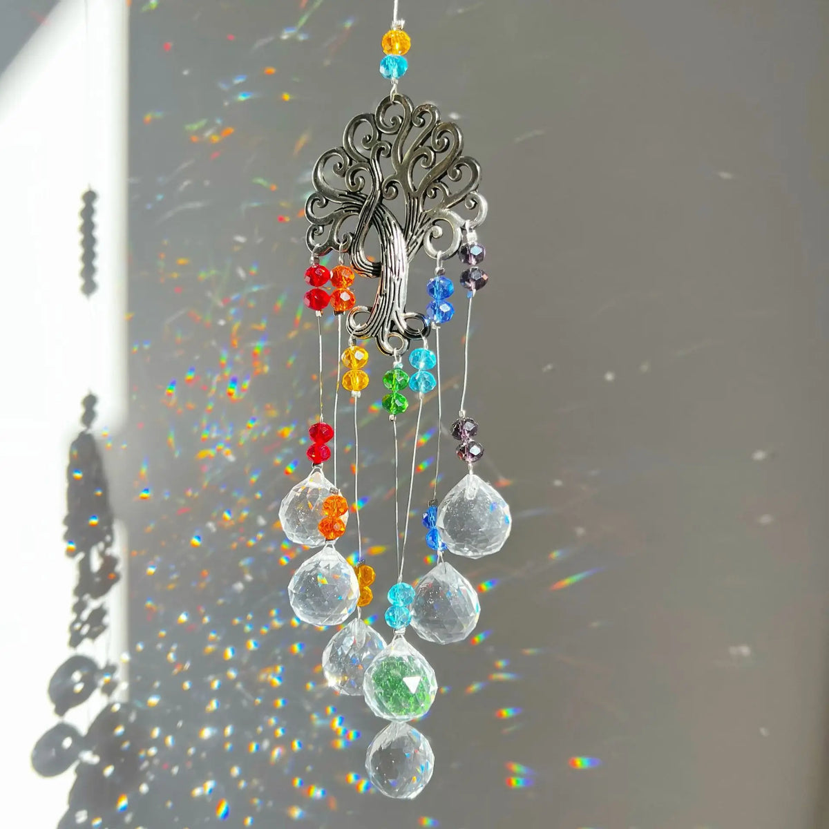 Tree of Life Crystal Suncatcher | Rainbow Prism Hanging Ornament for Window & Garden