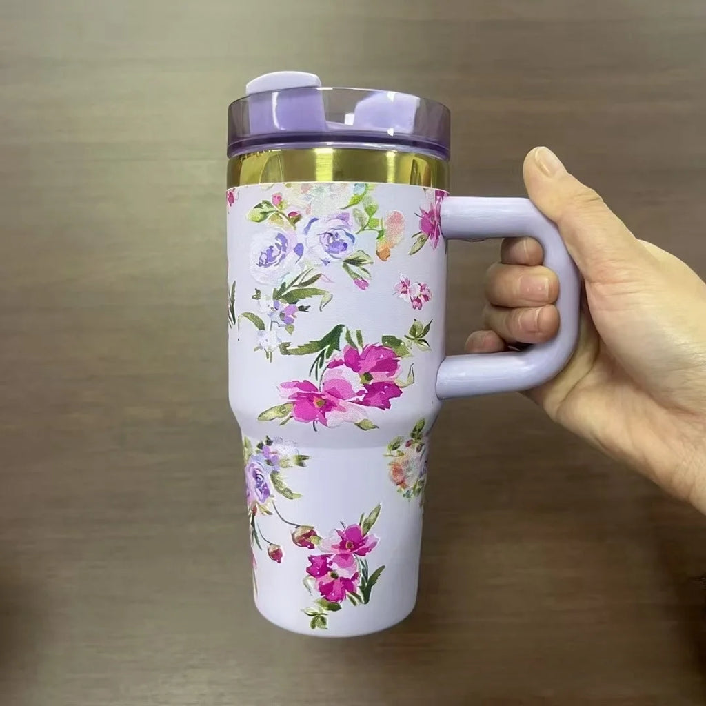 14oz Insulated Car Cup Tumbler | Stainless Steel Travel Mug with Handle & Straw