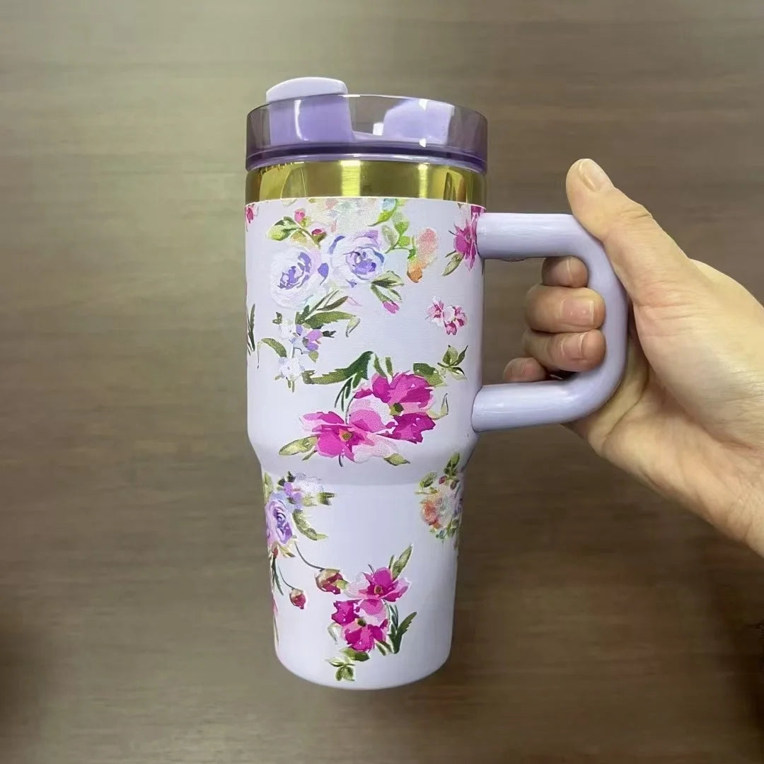 14oz Insulated Car Cup Tumbler | Stainless Steel Travel Mug with Handle & Straw