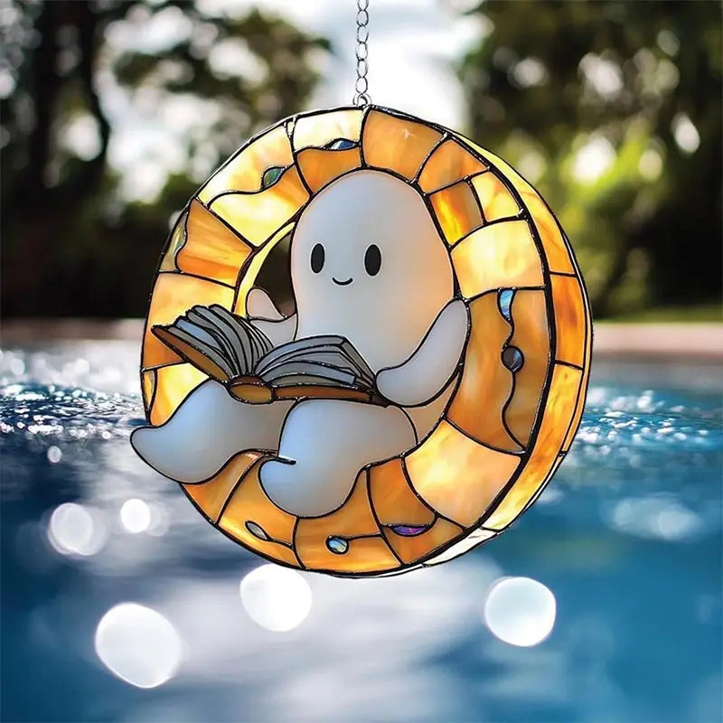 Halloween Ghost Reading Book Window Ornament | Colorful Acrylic Suncatcher