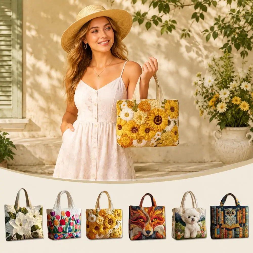 Quilted-Look Canvas Tote Bag | Floral & Animal Designs