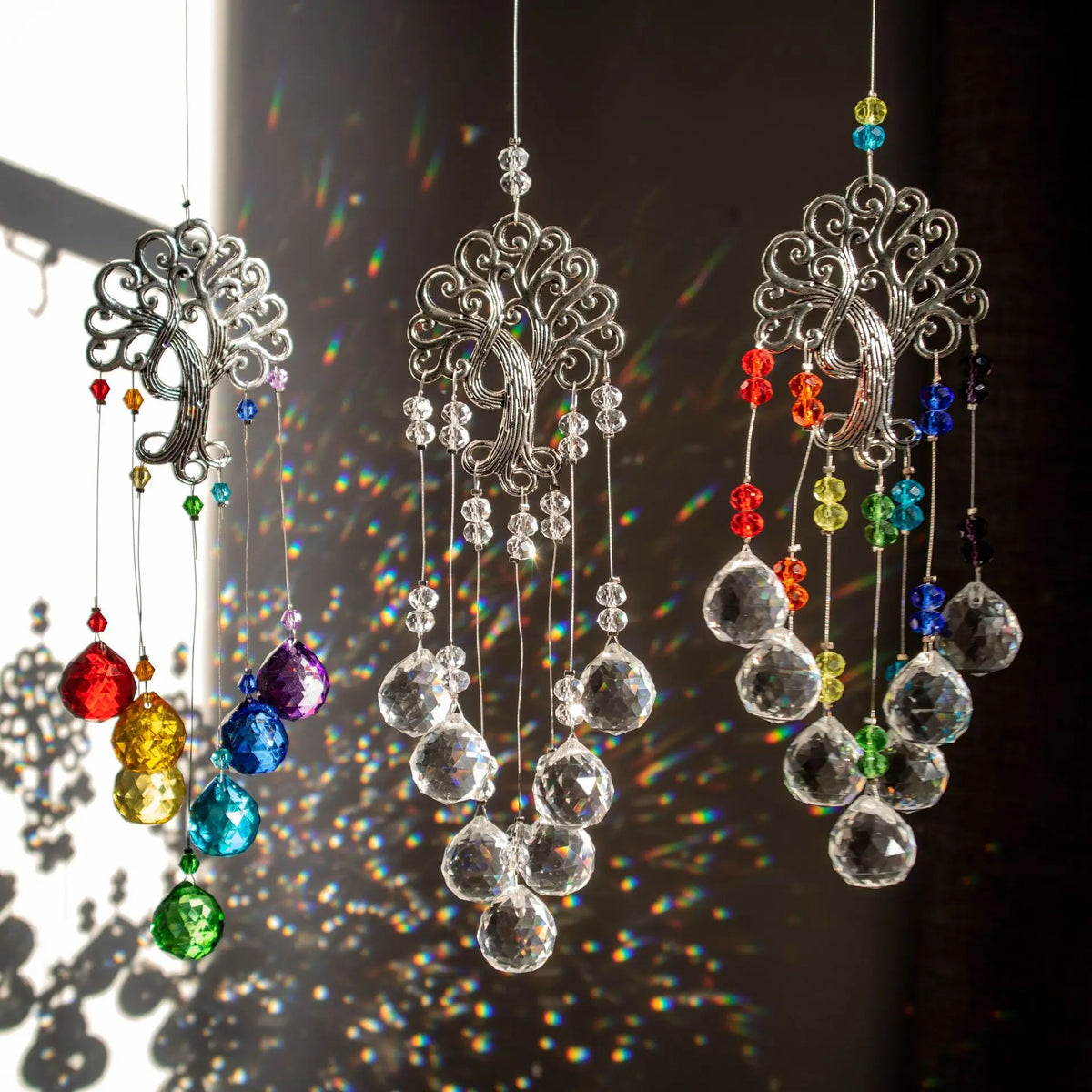 Tree of Life Crystal Suncatcher | Rainbow Prism Hanging Ornament for Window & Garden
