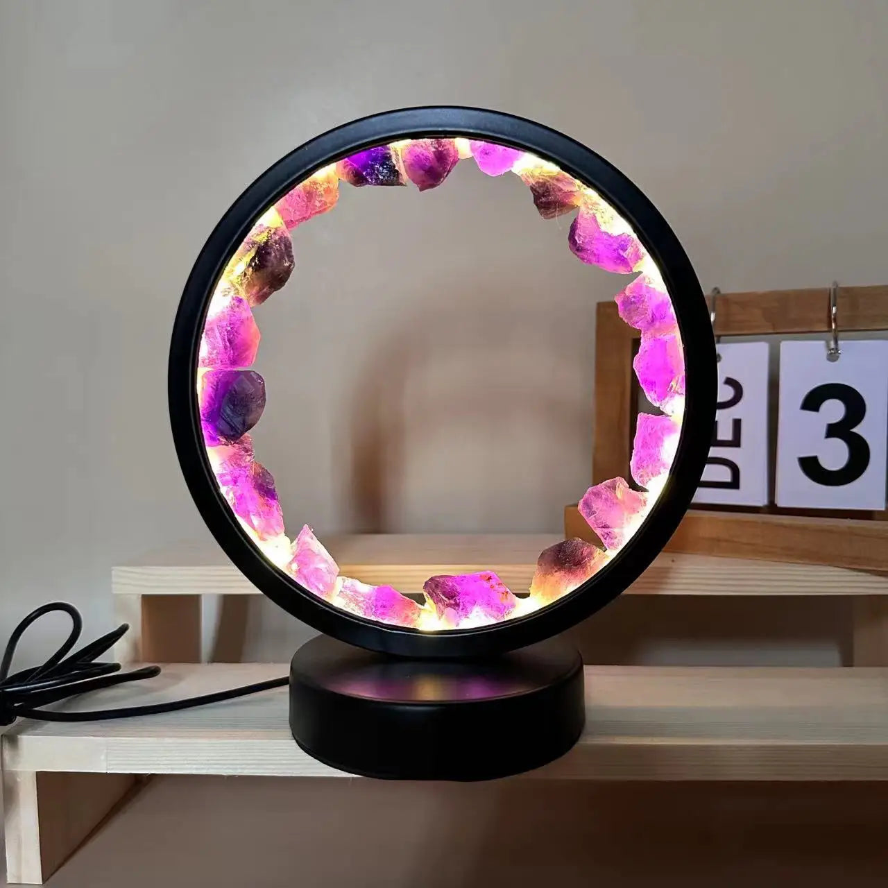7 Chakra Crystal Column LED Night Light — USB Wood Base Obelisk