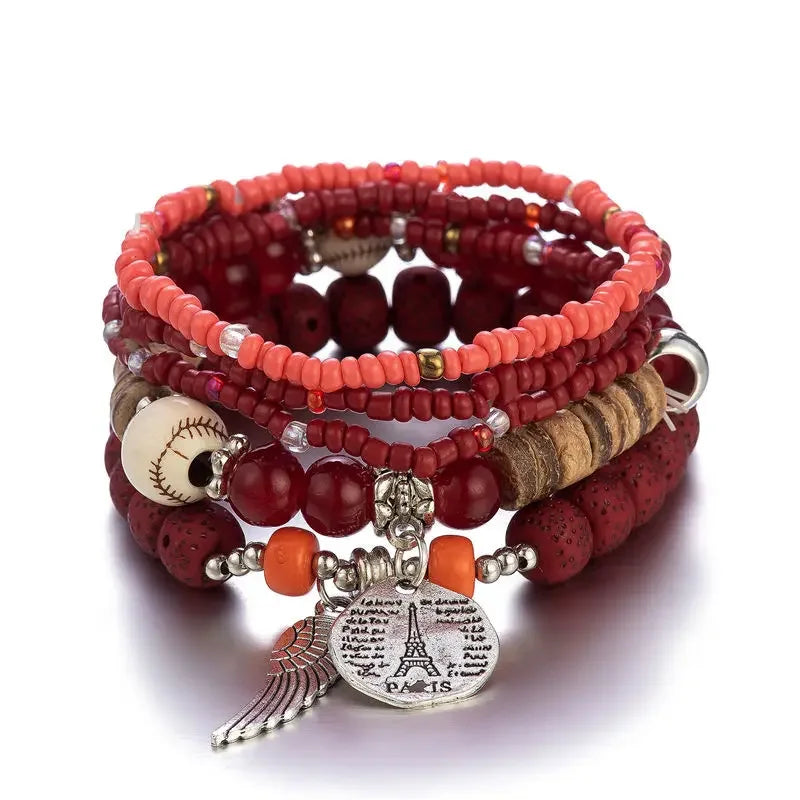 Boho Tree of Life Bracelet Set | Tassel Charm Wooden Bead Bangle for Women