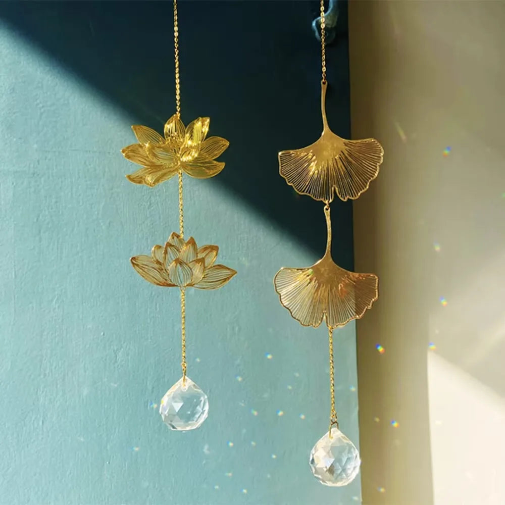 Lotus & Ginkgo Leaf Crystal Suncatcher Window Hanging