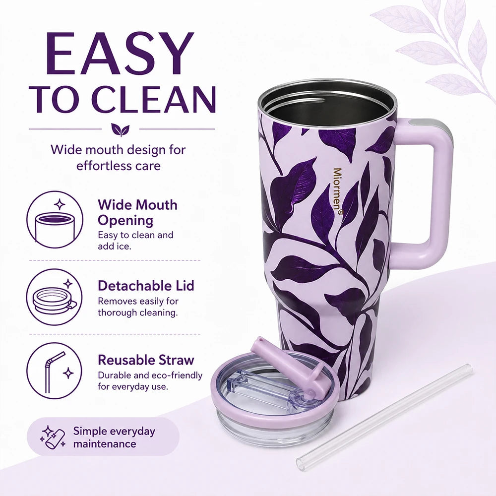 Purple Floral 40 oz Insulated Tumbler with Handle & Straw