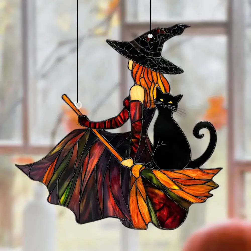 Gothic Witch & Black Cat 2D Acrylic Suncatcher | Halloween Window Hanging Decor