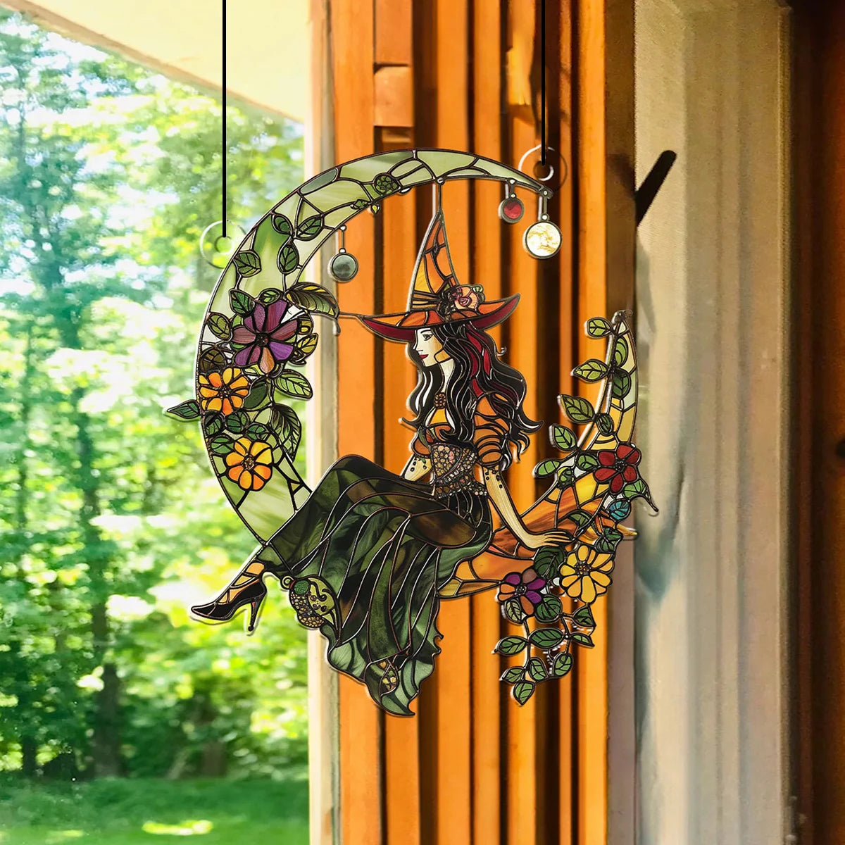 Halloween Witch & Crescent Moon 2D Acrylic Suncatcher | Boho Window Hanging Ornament